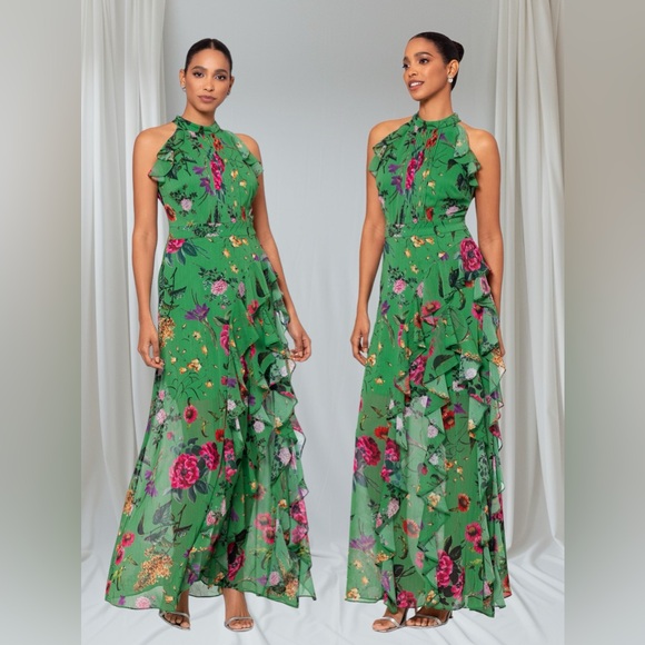 Floral-Print Ruffled Halter Gown by Betsy & Adam sz10 - Picture 1 of 9